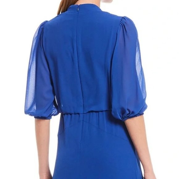Taylor Elbow Sleeve V-Neck Waist Tie Solid High-Low A-line Chiffon Dress - Picture 4 of 13